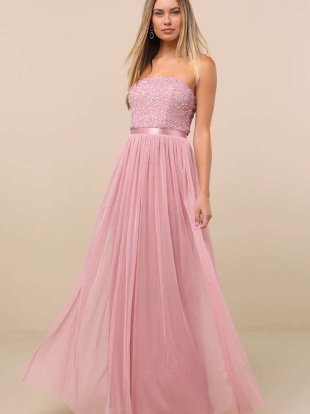 Lulus Lonica Mauve Sequin Beaded Strapless Maxi Dress Pink - Size M